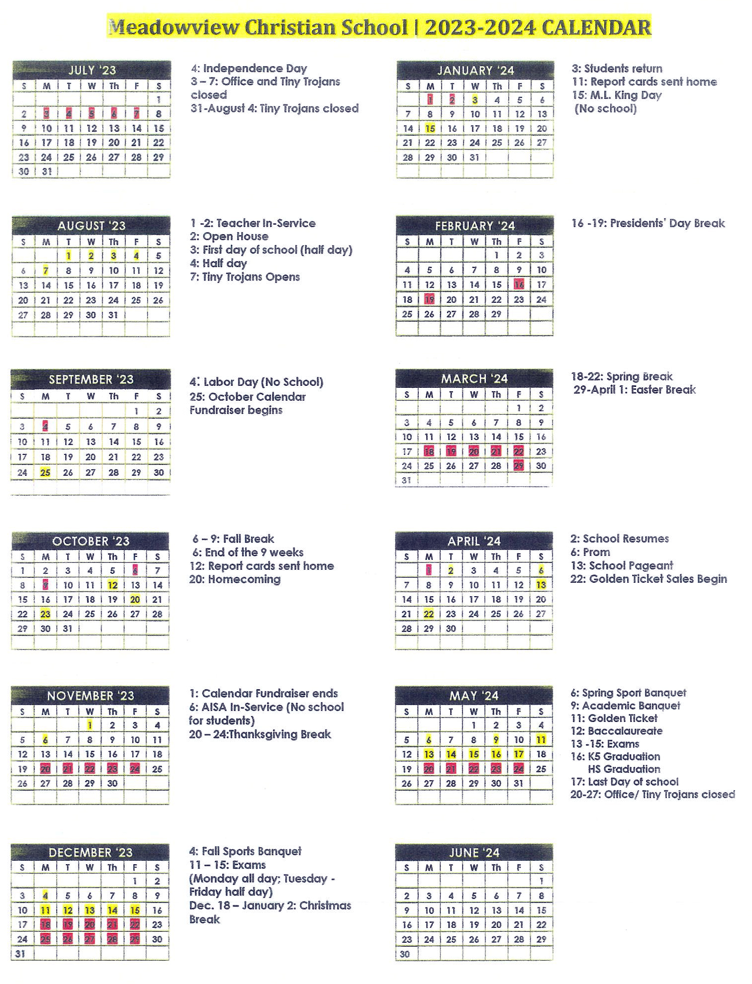 Meadowview Christian School Calendar